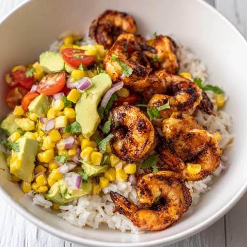 Savory blackened shrimp bowl with creamy avocado salsa served, a vibrant Southwestern meal.