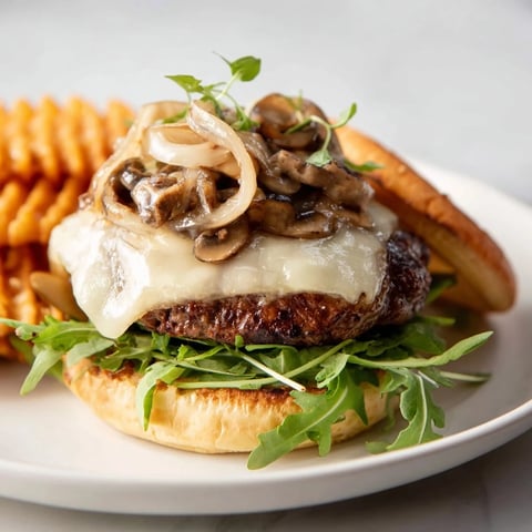 Melted Swiss cheese and savory mushrooms crown this juicy Mushroom Swiss Burger alongside crisp waffle fries.