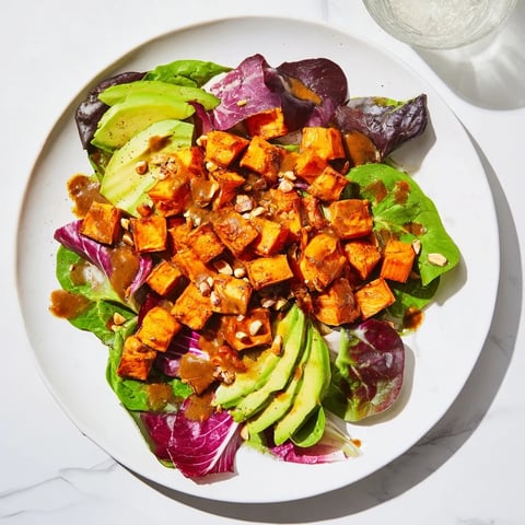 Warm roasted sweet potatoes in a Spiced Peanut Sweet Potato & Radicchio Salad Bowl, ready to eat.