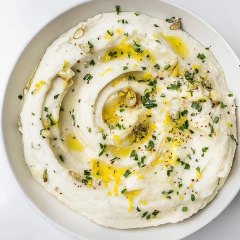 Creamy white cauliflower mash with garlic and herbs, a dairy-free recipe alternative to potatoes.