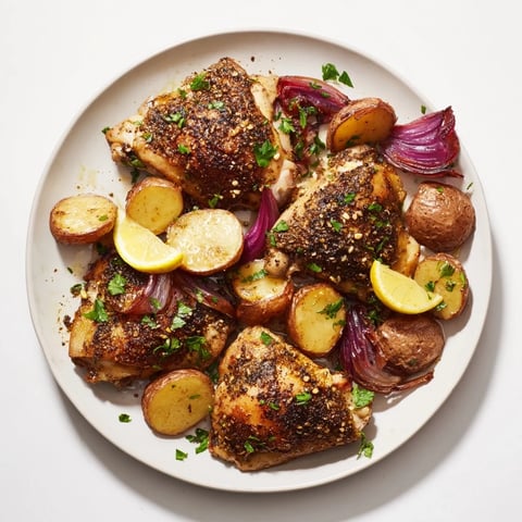 Golden, crispy Sheet Pan Zaatar Chicken with roasted potatoes ready to be plated for a hearty dinner.