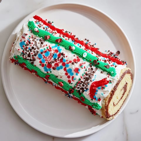 Vibrant Ugly Sweater Cake Roll: a fun, festive dessert decorated with colorful frosting and sprinkles.