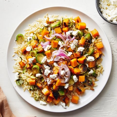 Vibrant Best Fall Harvest Orzo Salad with roasted butternut squash and creamy goat cheese, ready for serving.