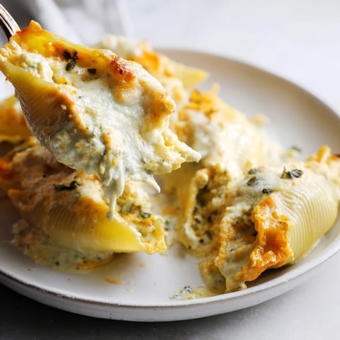 Golden-brown Pumpkin & Gouda Stuffed Shells, bubbling with cheese, topped with fresh sage, ready to serve.