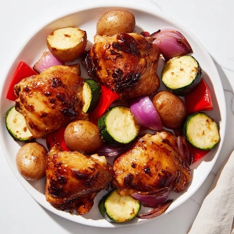 Roasted Black Garlic and Balsamic Chicken Sheet Pan with tender vegetables and crispy chicken skin.