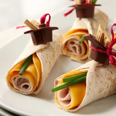 Savory Graduation Cap Diploma Snack Wraps featuring turkey, cheese, and chives, ready to eat!