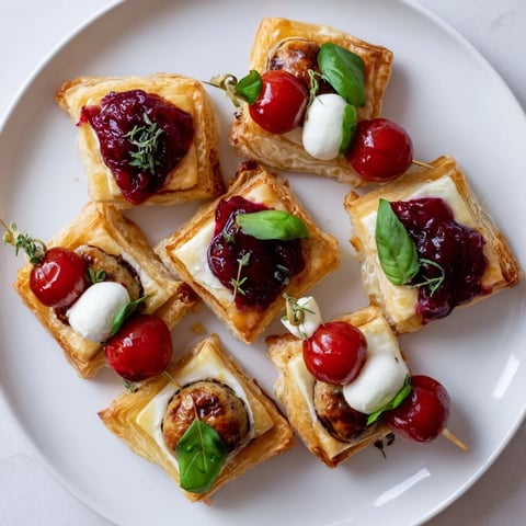 Festive Appetizer Trio featuring vibrant Caprese skewers, warm Moroccan meatballs, and puff pastry bites.