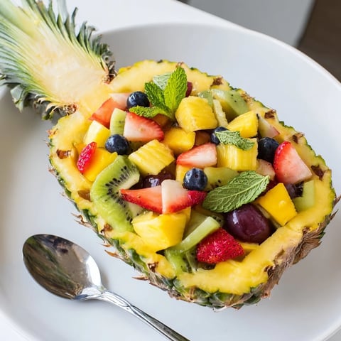 Vibrant tropical pineapple fruit boat showcasing juicy, fresh fruit salad pieces, ready to serve at a sunny brunch.