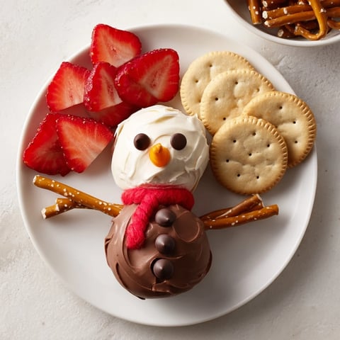 Warm, inviting image: a festive Hot Cocoa Dip snowman with pretzel arms and smiling face.
