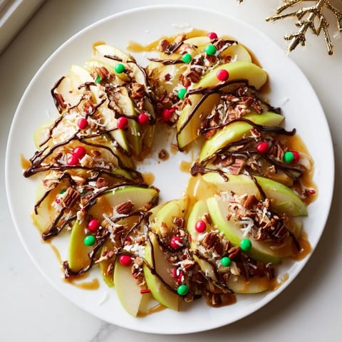 Gooey caramel apple slice Christmas wreath garnished with holiday sprinkles, perfect for sharing.