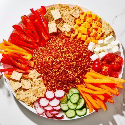 A visually appealing Spicy Hot Take Platter: cheese, meats, veggies, and dips arranged artfully for guests.