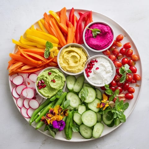 Vegan Global Gardener Platter with colorful vegetables, fruits, and dips, a festive appetizer.