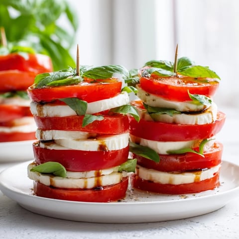 Stacked Tuscan Pillar appetizer with juicy tomatoes, creamy mozzarella, and fragrant basil.
