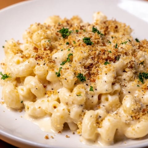 Golden, bubbly Tinis Mac and Cheese with bacon, showcasing the crispy bacon topping in a warm dish.