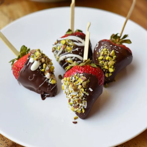 Chocolate-dipped strawberry skewers glistening with dark chocolate, ready to be enjoyed as a sweet treat.