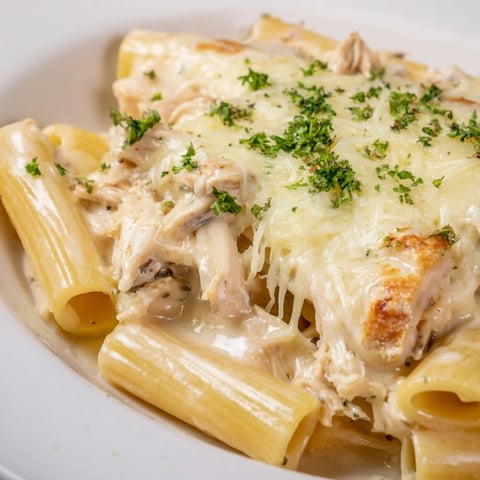 Golden, bubbly Chicken Alfredo Bake, a comforting casserole with creamy sauce and melted cheese.