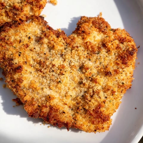 Crispy air fryer chicken cutlets, golden-brown and ready to be served with lemon wedges.