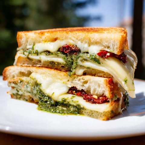 Golden, bubbly pesto grilled cheese with melted cheese and sundried tomatoes, ready to enjoy.
