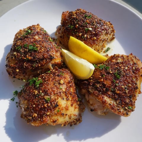 Golden-brown, crispy garlic chicken thighs with flavorful, savory skin and juicy meat ready to serve.
