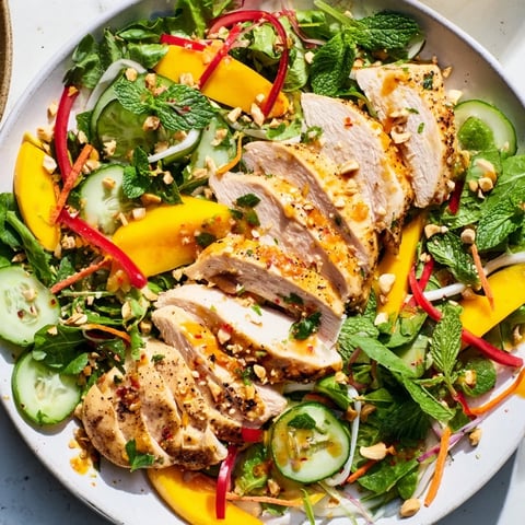 Thai Mango Chicken Salad overflowing with vibrant colors and fresh herbs, ready to serve.