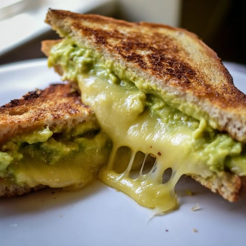 Golden toasted Avocado Toast Grilled Cheese, oozing melted cheddar and creamy avocado filling.