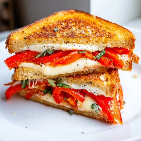 Golden-brown Roasted Red Pepper Grilled Cheese, oozing with melted mozzarella and creamy goat cheese.