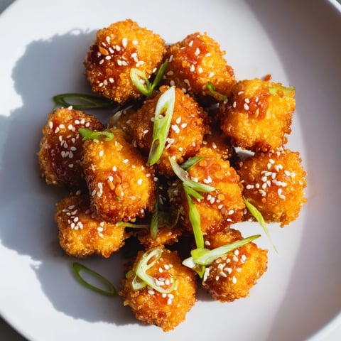 Golden, crispy Honey Sriracha Tofu Nuggets glistening with a sweet and spicy glaze ready to enjoy.