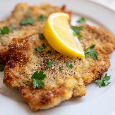 Golden-brown German schnitzel cutlet, crispy fried and ready to be drizzled with lemon juice.