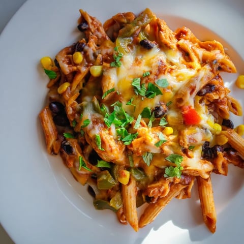 A close-up of Chicken Enchilada Pasta in a skillet, featuring penne coated in red sauce, melted cheddar, black beans, and corn.
