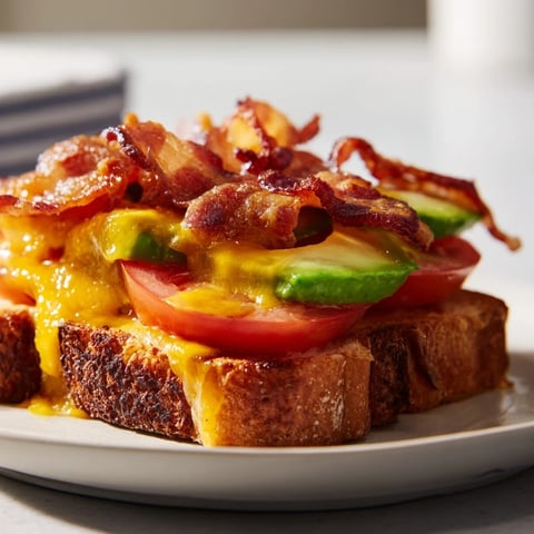 Golden-buttery sourdough slices are stuffed with crispy bacon, ripe avocado, lettuce, tomato, and melted cheddar for a decadent Avocado BLT Grilled Cheese.