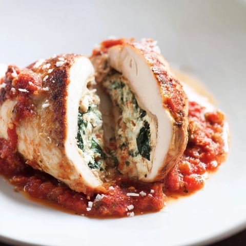 Freshly baked Spinach Ricotta Stuffed Chicken breasts resting in a rich, bubbling tomato sauce, garnished with fresh basil leaves.