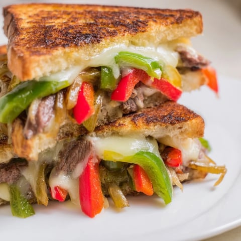 A close-up of the Philly Cheesesteak Grilled Cheese, featuring melted provolone oozing from golden, buttery sourdough with steak and peppers visible inside.