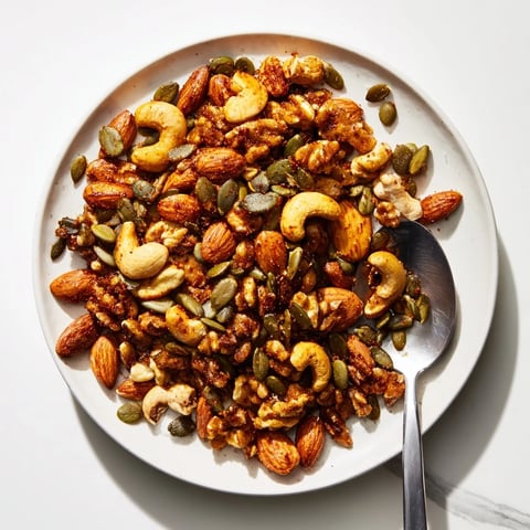 Golden toasted almonds, cashews, and walnuts coated in warm turmeric, cinnamon, and smoked paprika on a baking sheet.