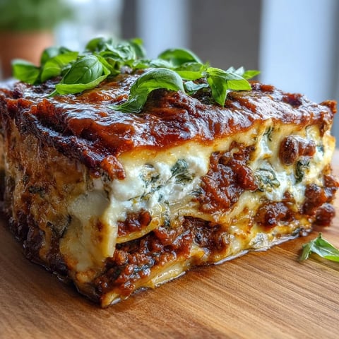 Golden-brown One-Pan Smoky Veggie Lentil Lasagne fresh from the oven, bubbling with melted mozzarella and Parmesan, garnished with fresh basil.