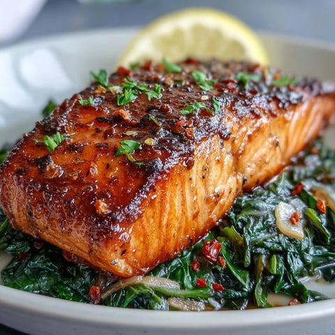 Golden, crisp-skinned salmon fillets topped with lemon, resting on a bed of garlicky Swiss chard, ready to serve.