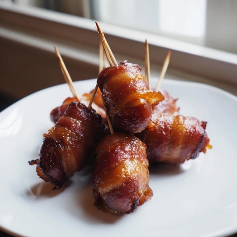 Crispy 3-Ingredient Bacon-Wrapped Smokies, glistening with caramelized brown sugar, perfect appetizer.