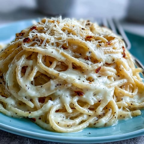 Steaming Cacio e Pepe pasta twirled on a fork, coated in creamy Pecorino Romano sauce.