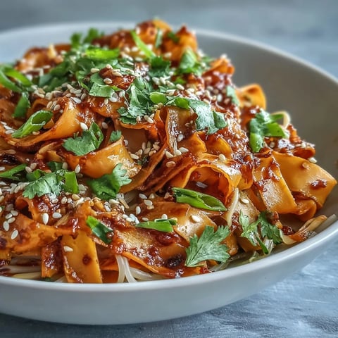 Gochujang Swede Noodles feature roasted swede ribbons and rice noodles tossed in a sweet, spicy gochujang dressing, garnished with sesame seeds and fresh cilantro.