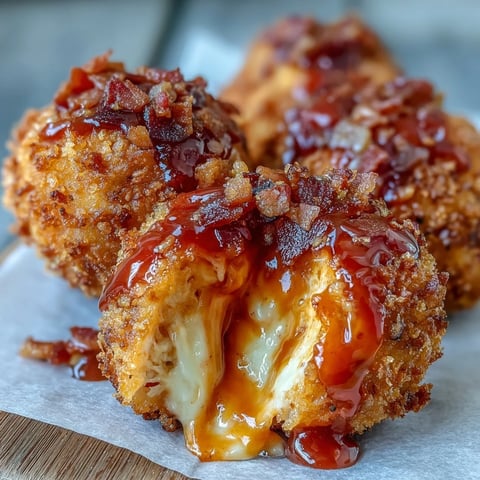 Golden-brown Buffalo Chicken Bacon Mozzarella Bombs fresh from the fryer, drizzled with spicy sauce and served with blue cheese dip.