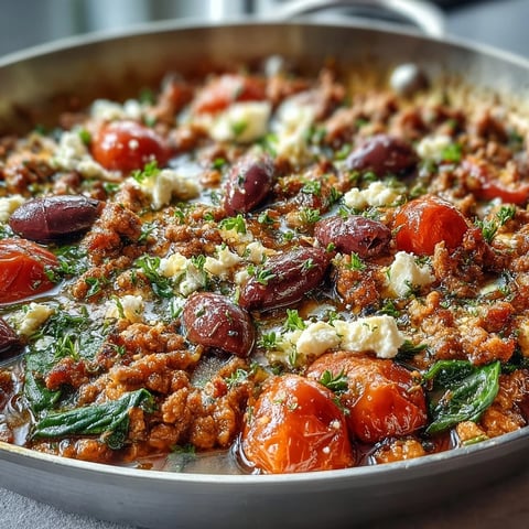 Steamed cherry tomatoes and briny Kalamata olives mingle with browned ground chicken and crumbled feta in a hot skillet.