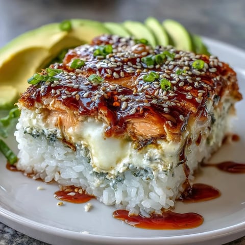 Freshly baked Spicy Salmon Sushi Bake featuring creamy, spicy salmon layered over seasoned rice, garnished with sliced avocado and sesame seeds.