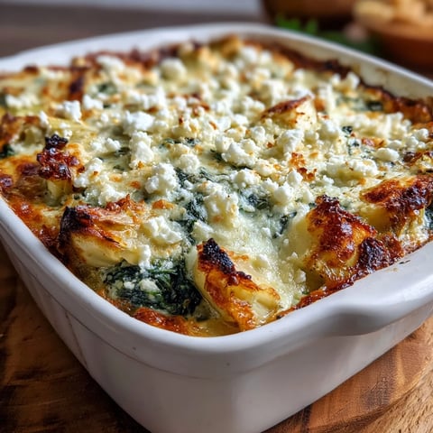 Golden-brown High Protein Spinach Artichoke Bake fresh from the oven, bubbling with creamy cottage cheese and savory feta.