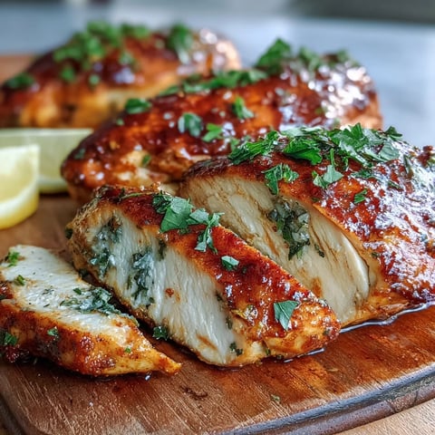 Golden-brown Oven Baked Chicken Breast seasoned with herbs and served with fresh lemon slices.