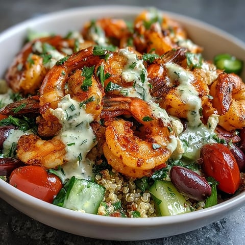 Golden seared shrimp rest on fluffy quinoa with cherry tomatoes and cucumbers in a Mediterranean Shrimp Bowl.