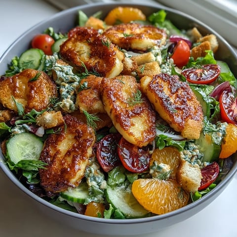 Golden-brown fried halloumi and vibrant blood orange segments top the Halloumi Blood Orange Fattoush salad.