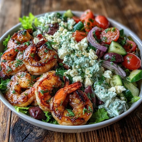 Grilled Greek Shrimp Bowl with juicy shrimp, crisp cucumber, tomatoes, and crumbled feta.