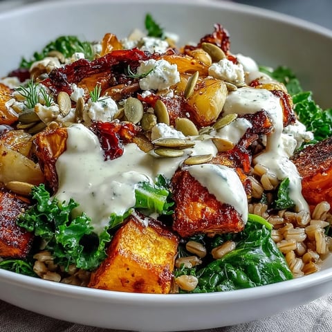 Vibrant Hearty Winter Grain Bowl filled with roasted sweet potatoes, carrots, and wilted kale, drizzled with creamy tahini dressing.