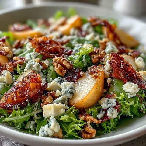 Crispy prosciutto and crumbled blue cheese top a vibrant bowl of frisée pear blue cheese salad. Fresh pear slices and toasted walnuts add texture to this elegant dish.