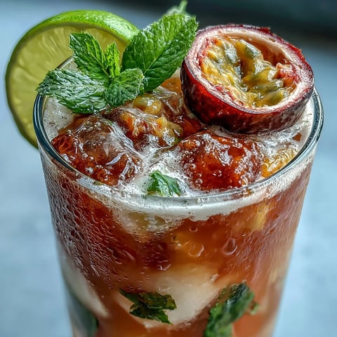 Frothy DIY Iced Guava Passionfruit Drink in a tall glass, garnished with fresh mint and a lime wedge on ice.