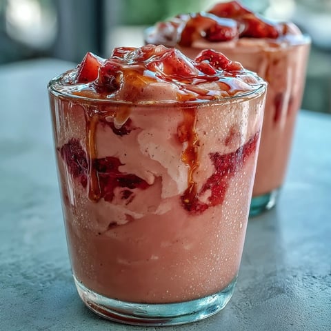 Two tall glasses of chilled Guava Juice Smoothie garnished with fresh strawberry slices, resting on a sunny breakfast table.